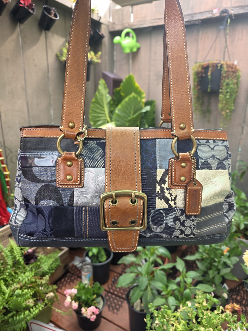 Coach Patchwork Denim & Leather Shoulder Bag in Brown and Blue Tones